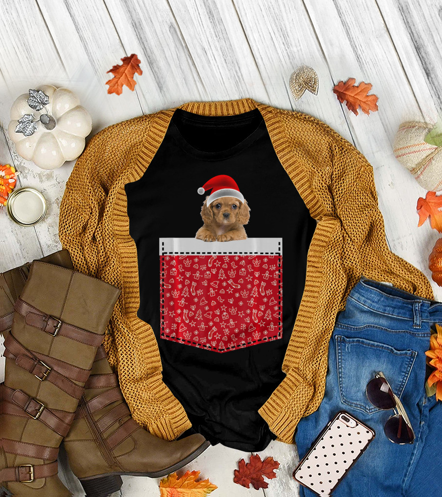 American Cocker Spaniel Christmas Santa Hat Pocket Dog In Inside T-Shirt