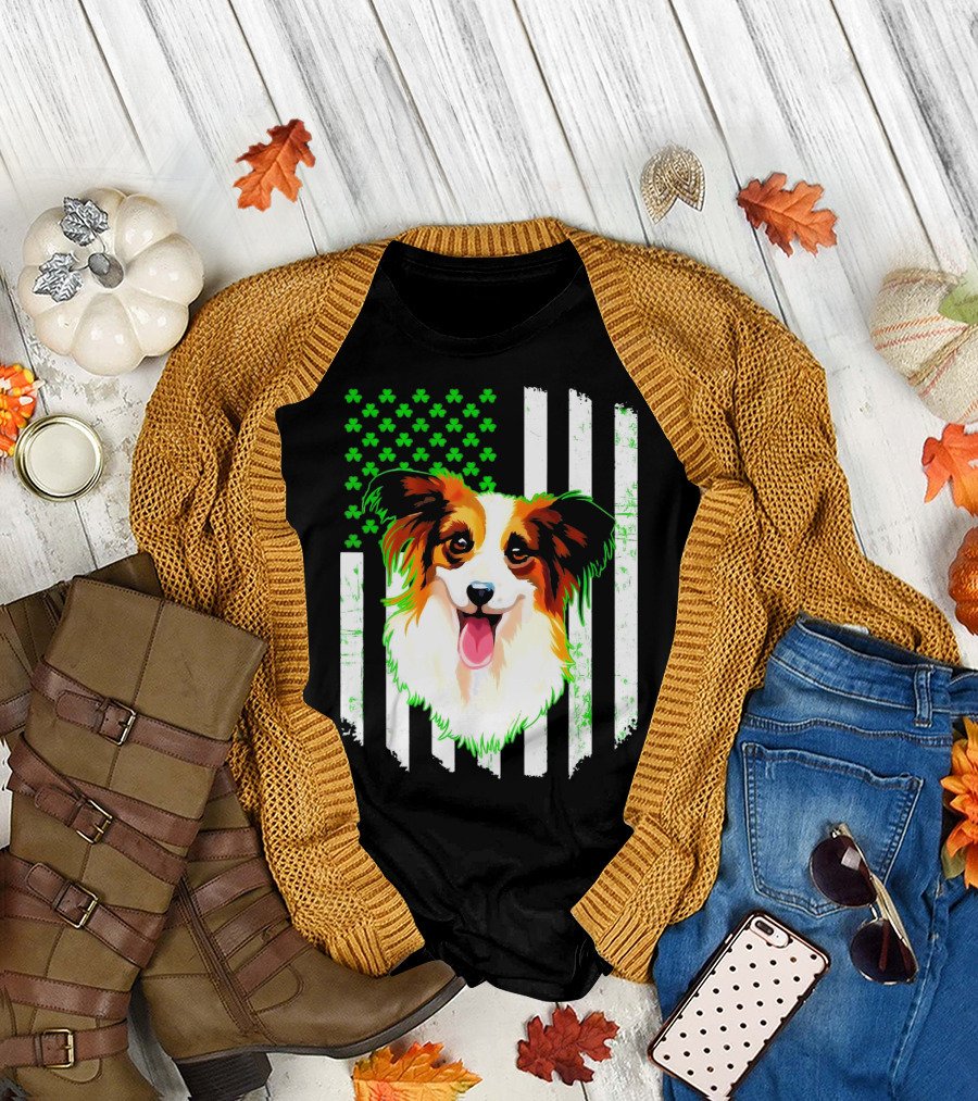 Irish Shamrock Flag Papillon Dog Black and White Stripes T-Shirt
