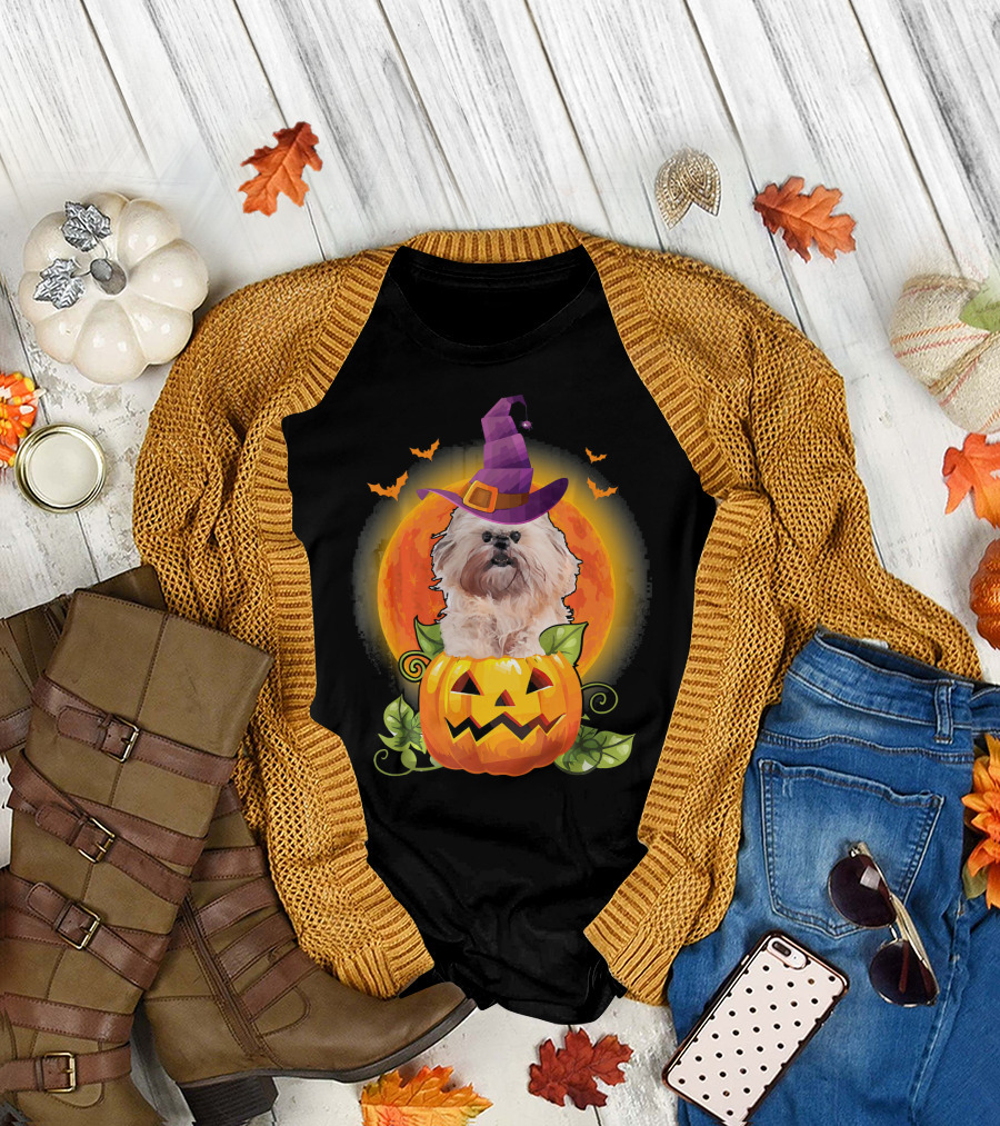 Funny Shih Tzu Dog Halloween Pumpkin Witch Hat Spooky Moon T-Shirt