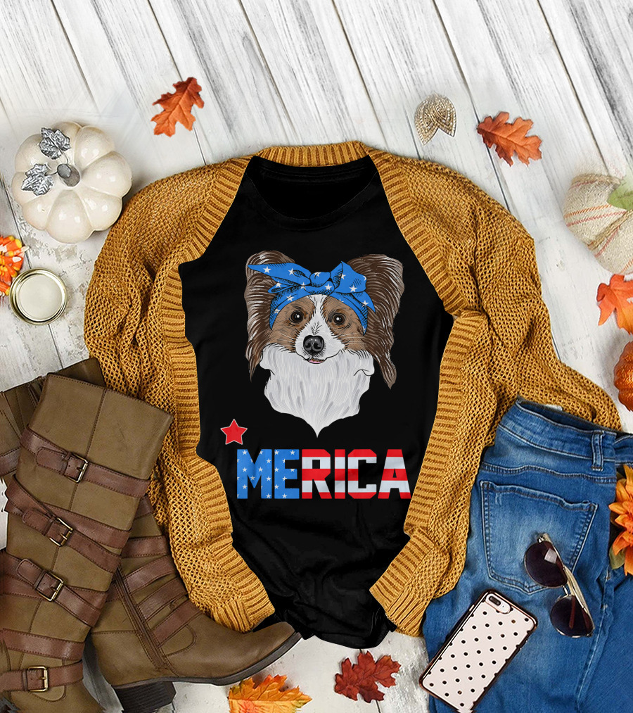 Papillon Mom American Flag Merica Dog With Bandana T-Shirt