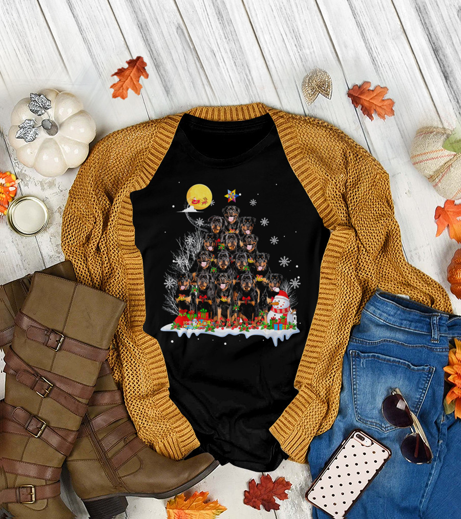Rottweiler Dog Reindeer Pine Christmas Tree Snow Santa Moon T-Shirt
