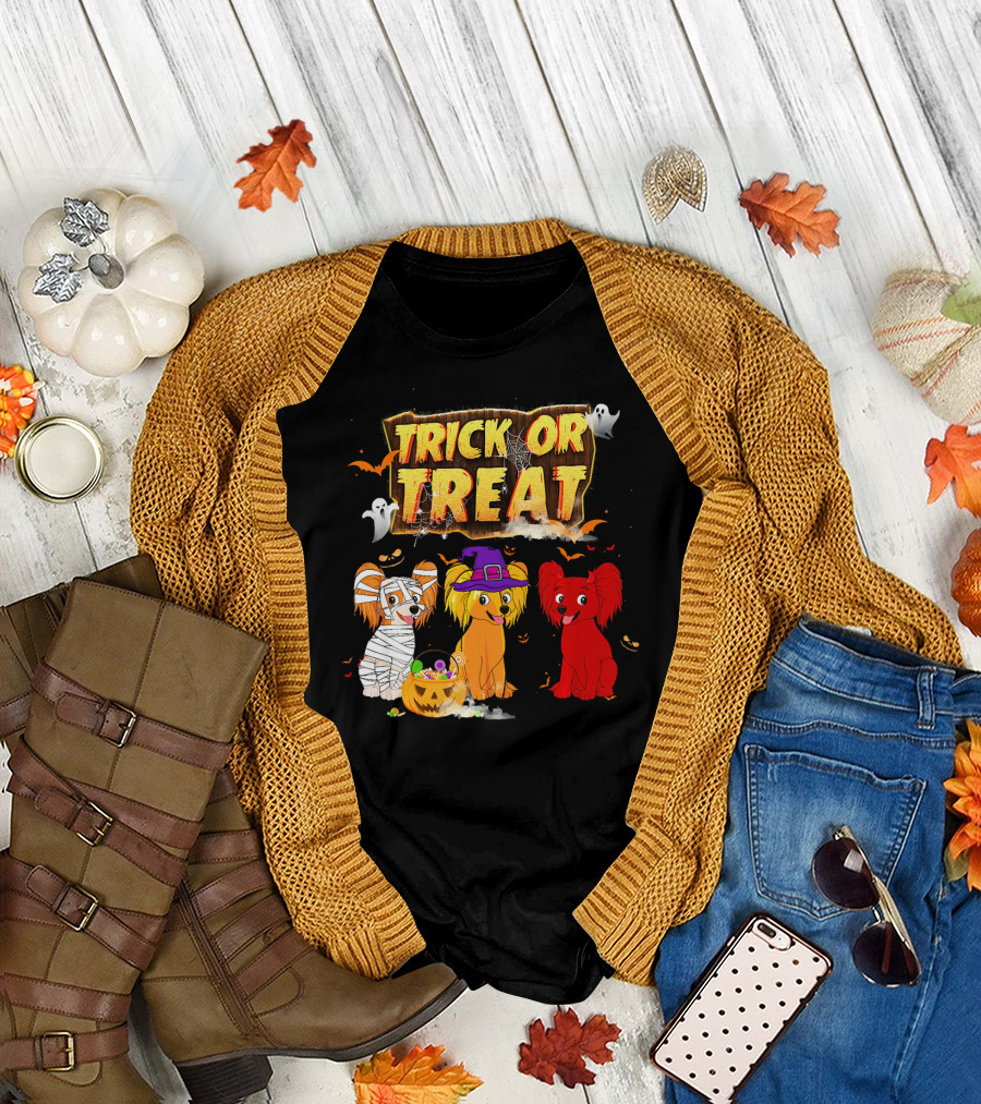 Trick or Treat Papillon Dogs with Halloween Pumpkin and Ghosts T-Shirt