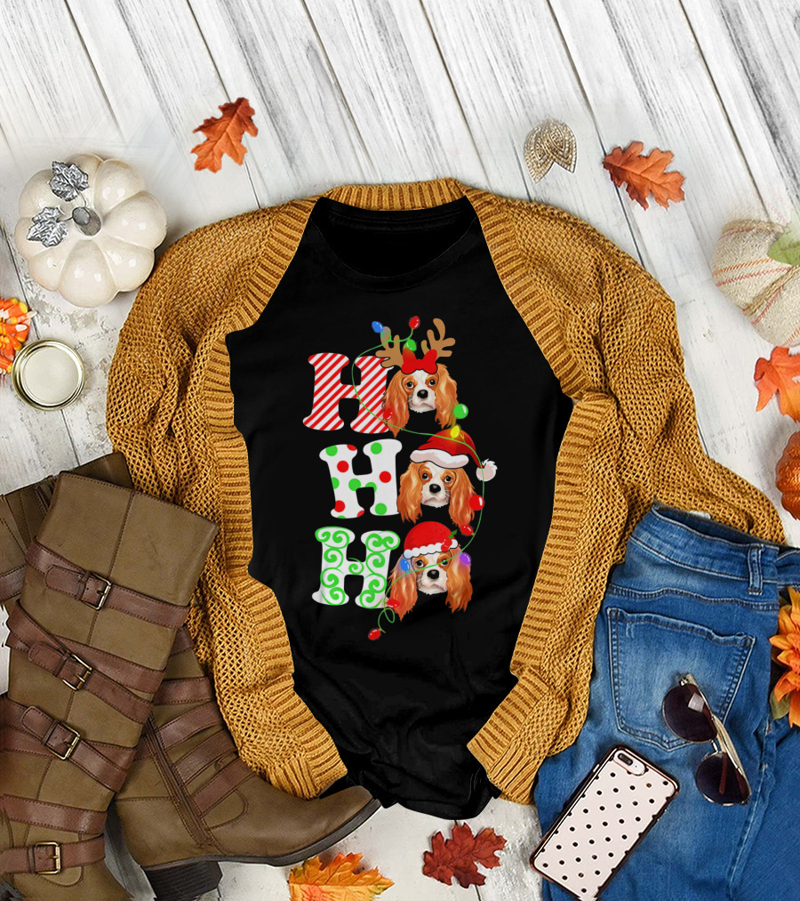 Cavalier King Charles Spaniel Ho Ho Ho Christmas Lights T-Shirt