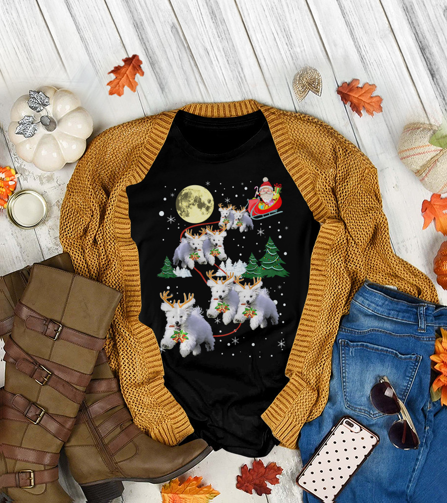 Funny Reindeer Maltese Xmas Christmas Santa Sleigh Full Moon T-Shirt