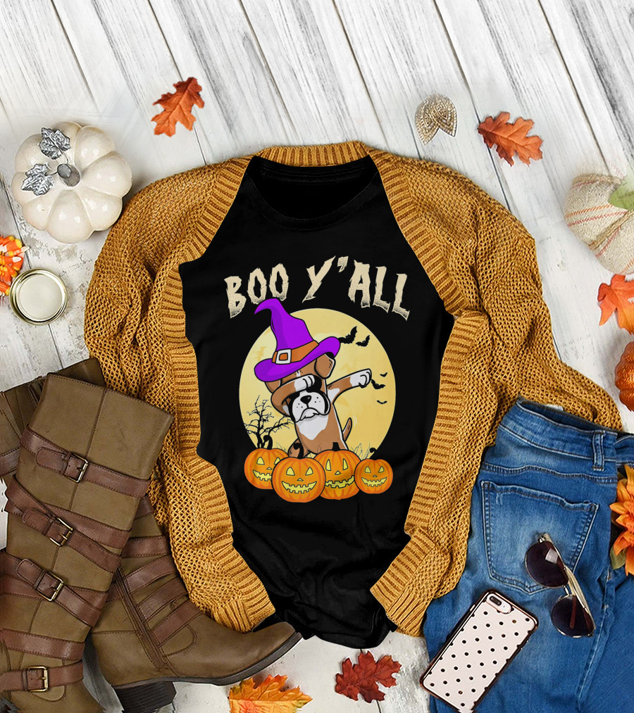 Boo Y'all Boxer Dog Witch Dabbing with Pumpkins T-Shirt