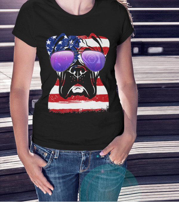 Patriotic Boxer Dog With American Flag And Sunglasses T-Shirt