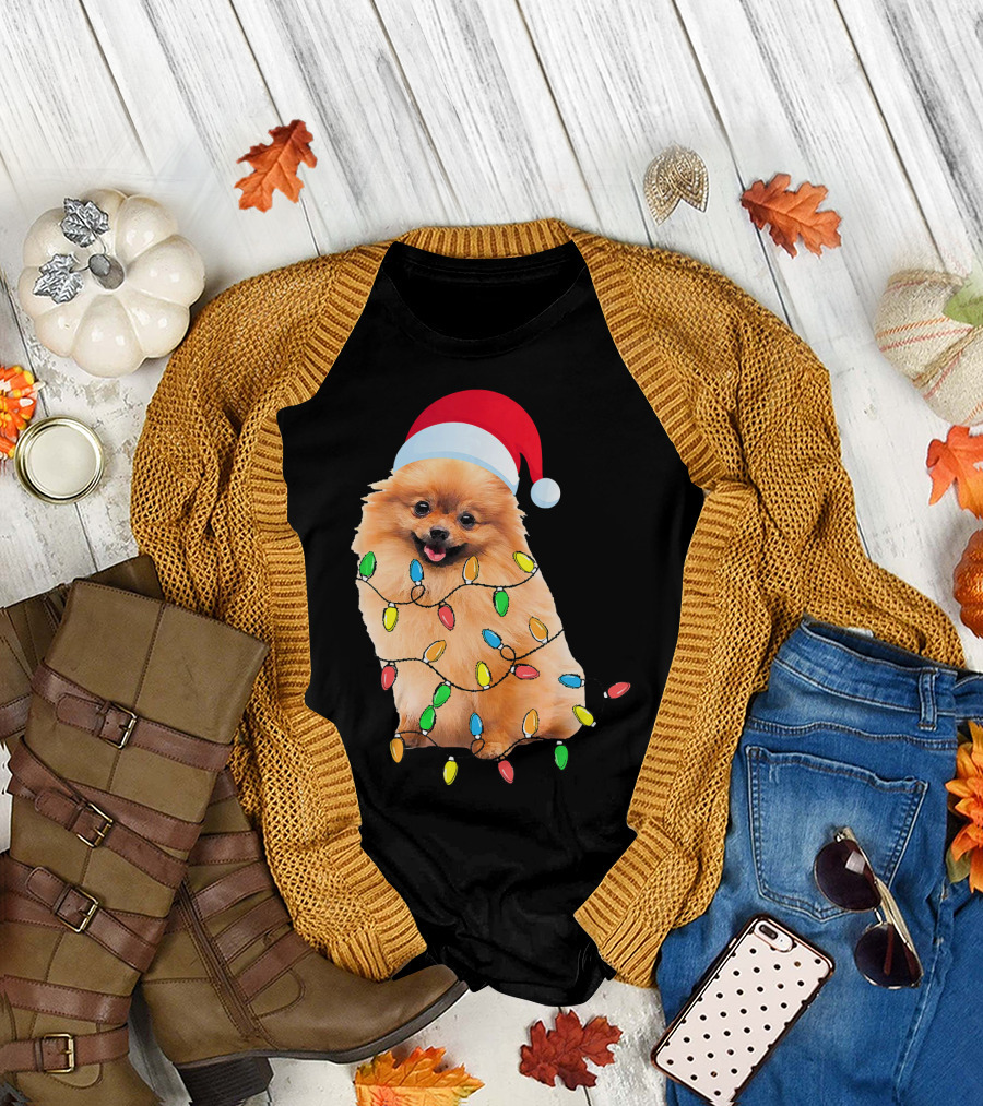 Christmas Pomeranian with Santa Hat and Holiday Lights T-Shirt