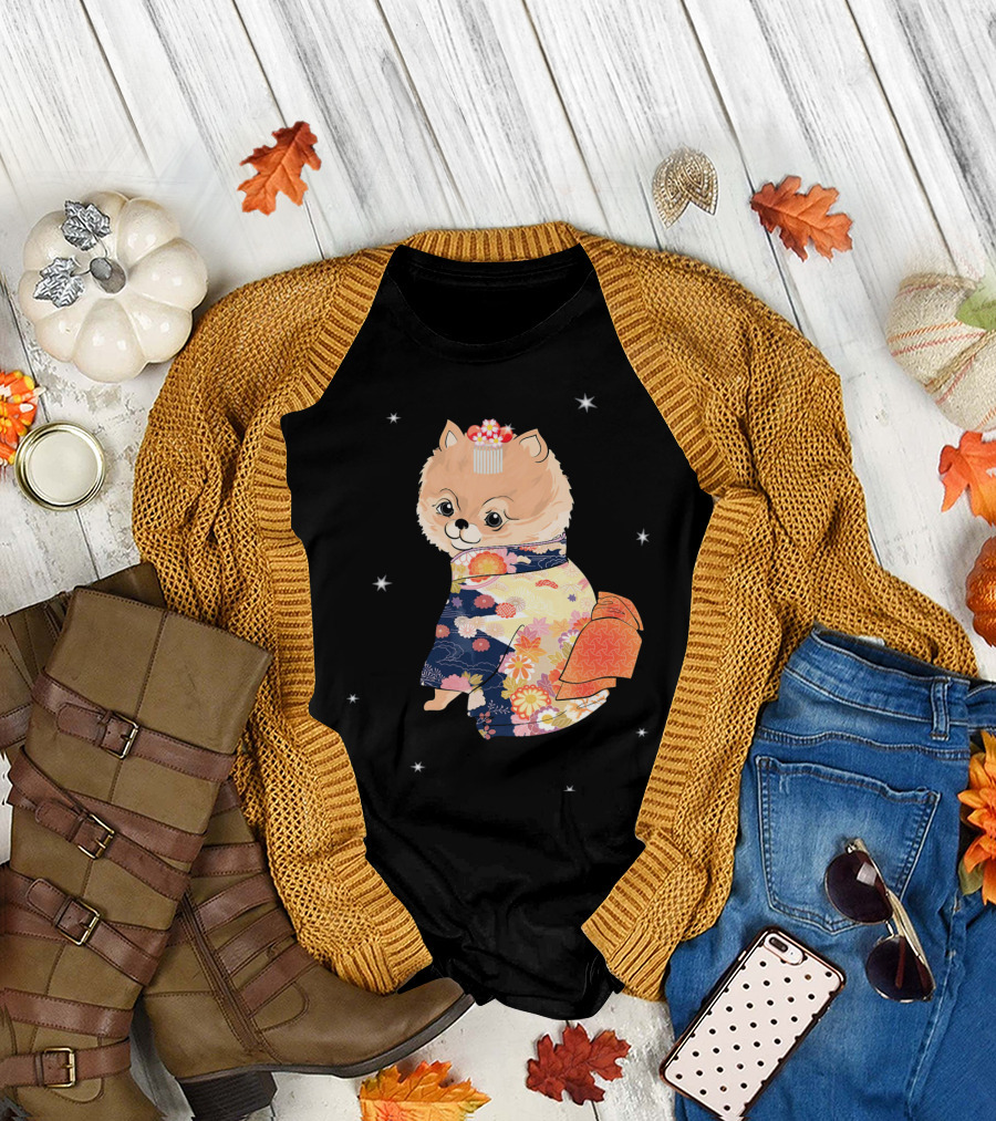 Asian Japanese Kimono Style Pomeranian with Floral T-Shirt