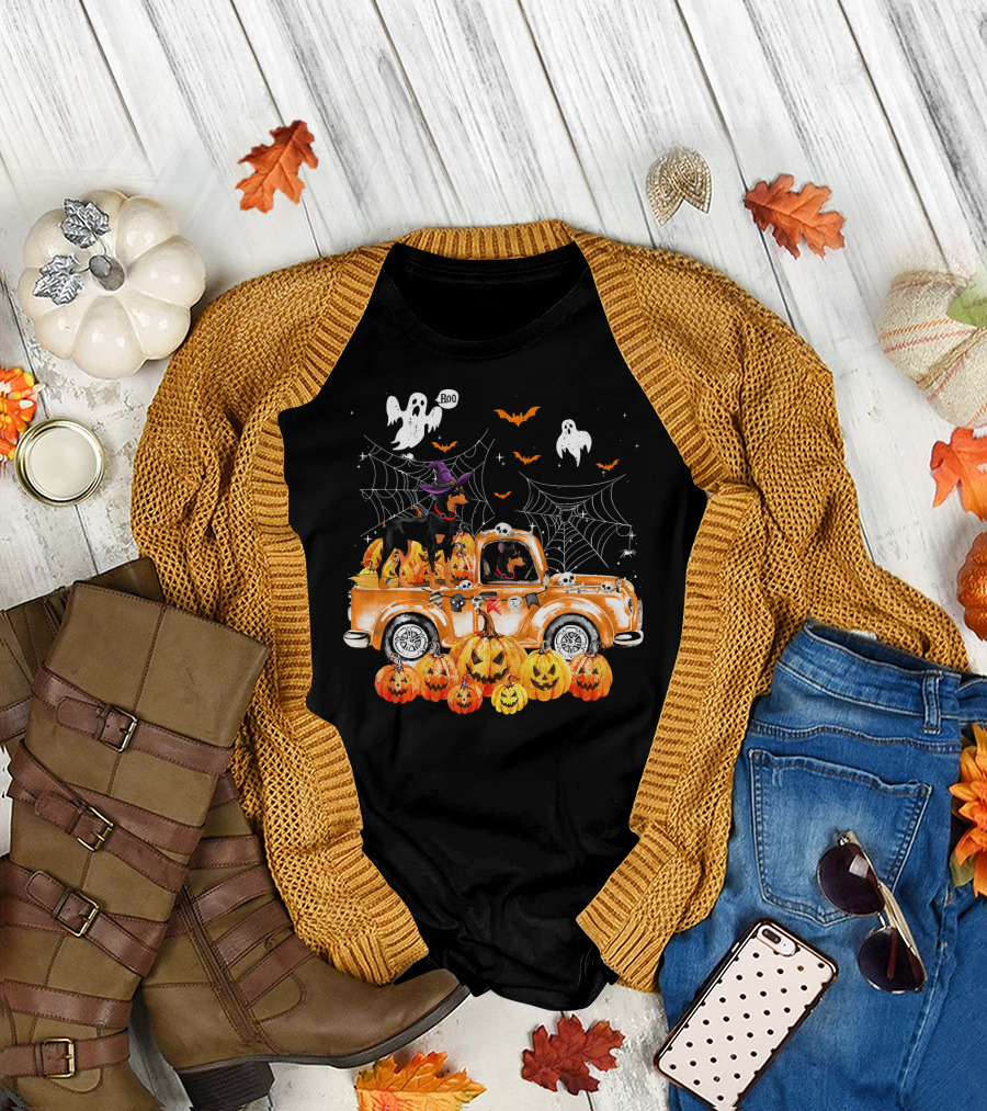 Doberman Witch Hat Halloween Ghosts Pumpkins Truck Autumn Spooky Webs T-Shirt