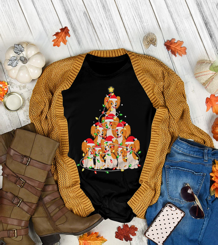 Papillon Dogs in Santa Hats Forming Christmas Tree with Lights T-Shirt