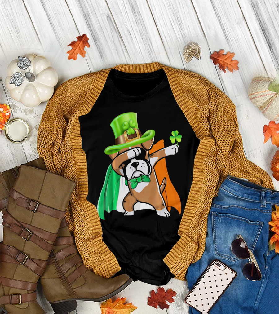 Dabbing Boxer Dog in Leprechaun Hat with Irish Flag Cape and Shamrock T-Shirt