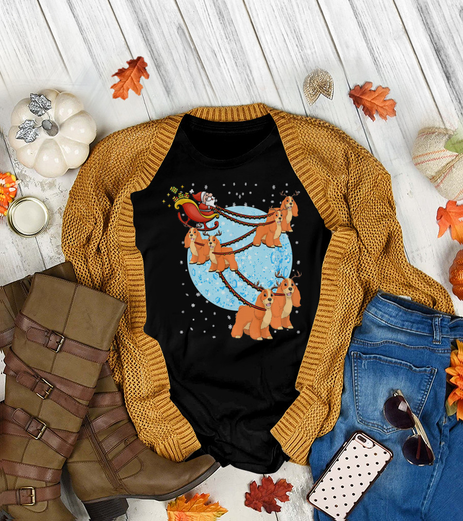 Cocker Spaniel Santa Reindeer Sleigh Christmas Moon Snowflakes T-Shirt