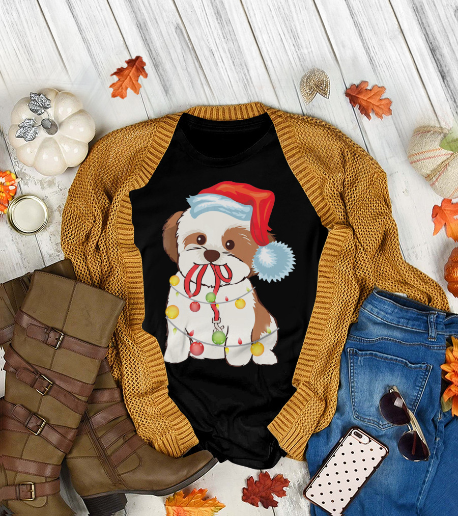 Shih Tzu Dog Wrapped in Christmas Lights Wearing Santa Hat T-Shirt