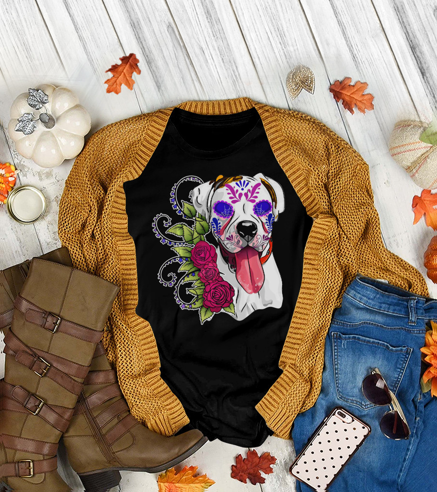 Boxer Dog Sugar Skull Day of the Dead Roses T-Shirt