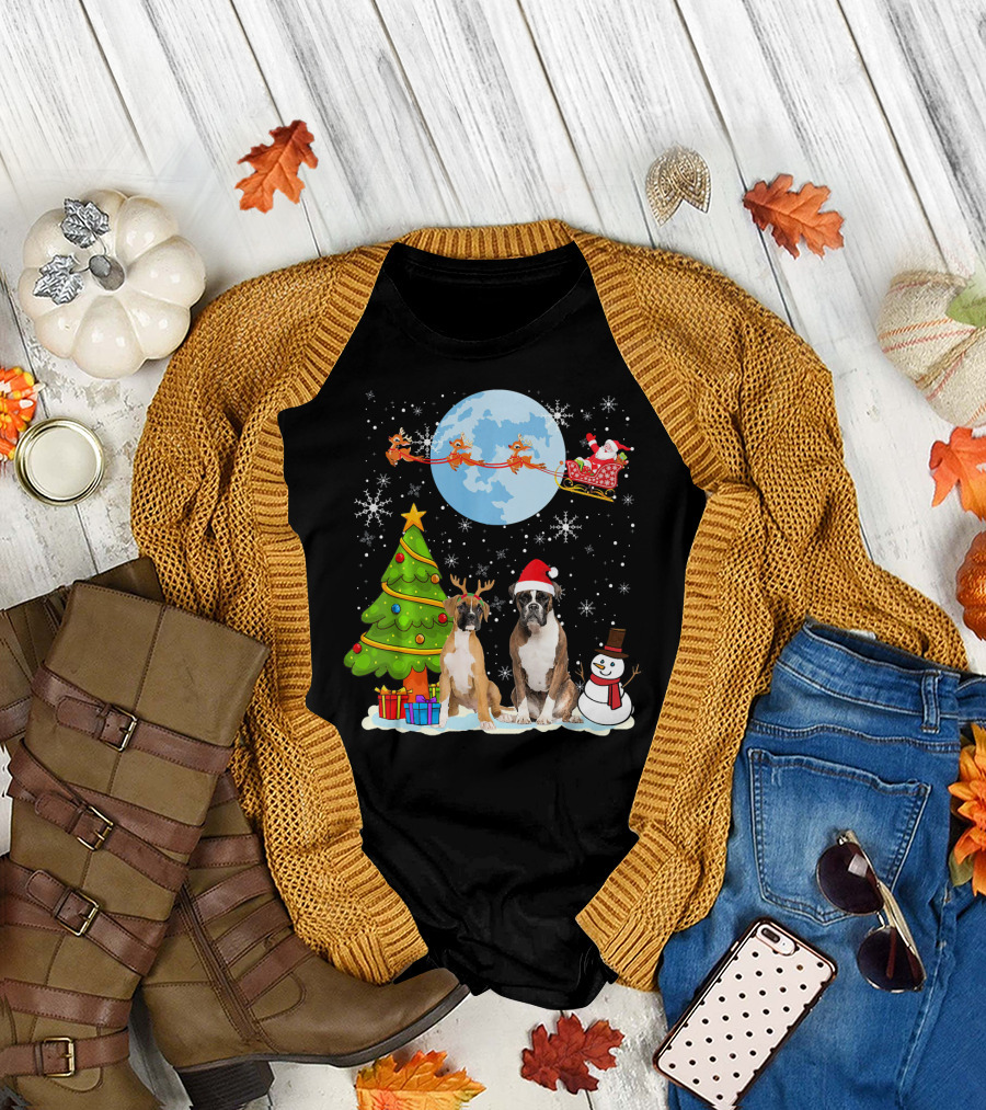 Funny Boxer Christmas Moon Santa Dog Festive Tree Snowman Reindeer Presents T-Shirt