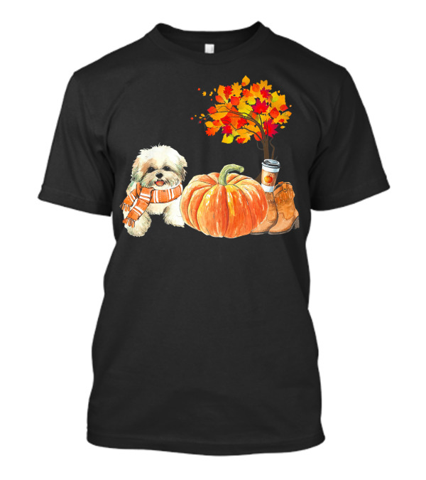 Cute Shih Tzu Scarf Autumn Pumpkin Spice Latte Fall Scene T-Shirt