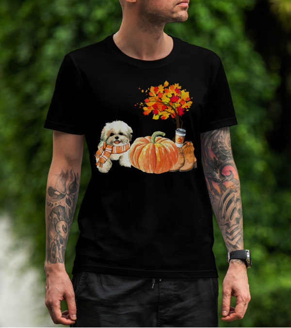 Cute Shih Tzu Scarf Autumn Pumpkin Spice Latte Fall Scene T-Shirt
