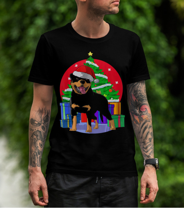 Christmas Rottweiler Santa Hat With Holiday Tree And Presents T-Shirt