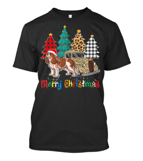 Merry Christmas Cavalier King Charles Spaniel Leopard Plaid Trees T-Shirt