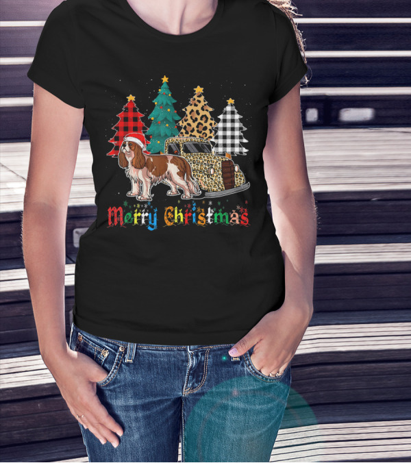 Merry Christmas Cavalier King Charles Spaniel Leopard Plaid Trees T-Shirt