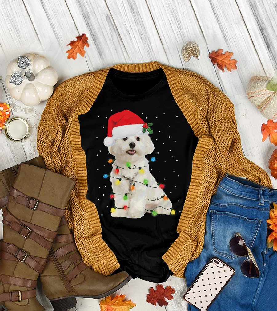 Funny Maltese Christmas Lights Santa Hat Snowy Holiday T-Shirt