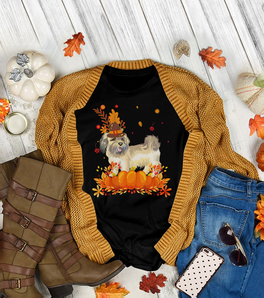 Cute Shih Tzu Dog in Autumn Harvest with Pumpkins and Pilgrim Hat T-Shirt