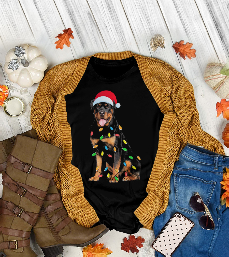 Christmas Rottweiler Festive Lights Santa Hat T-Shirt
