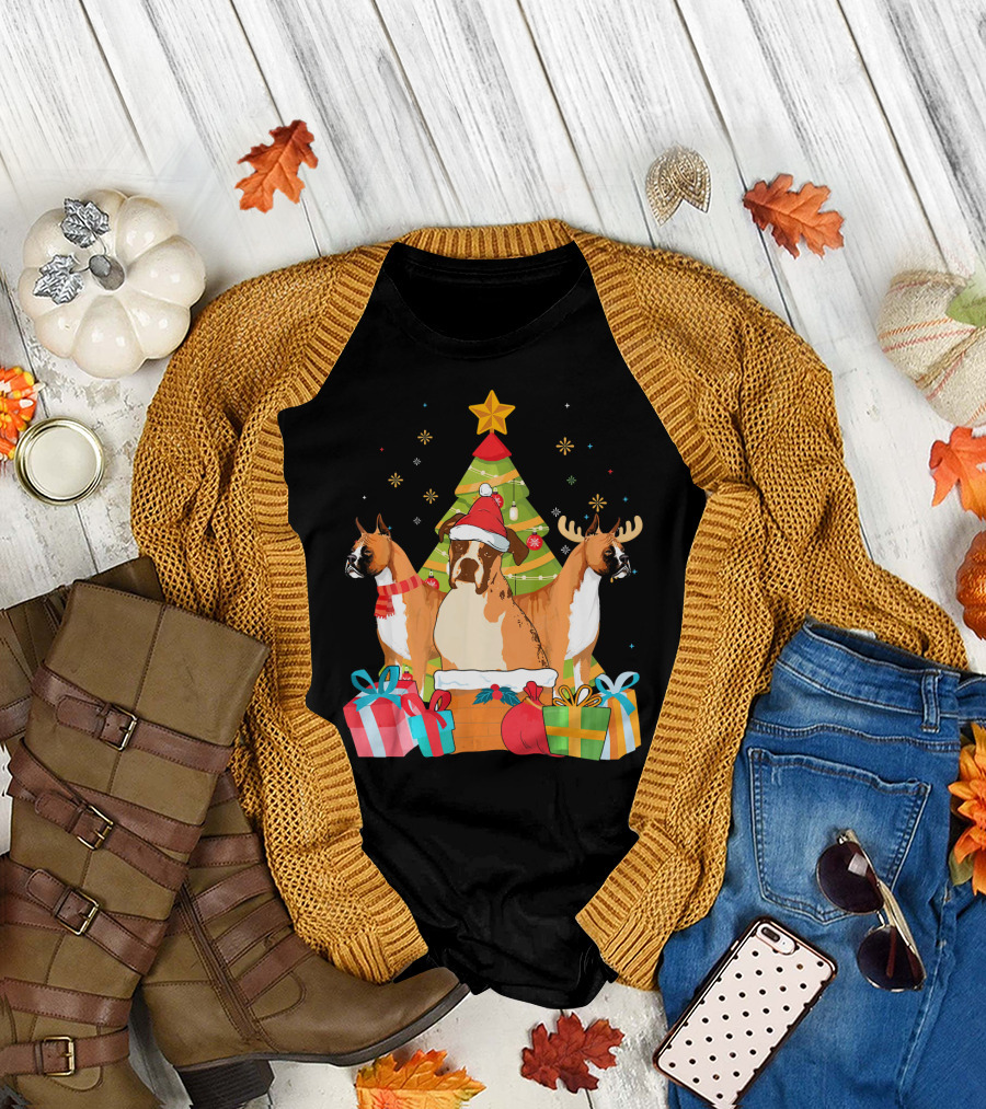 Christmas Boxer Dogs with Santa Hats and Reindeer Antlers by Xmas Tree T-Shirt
