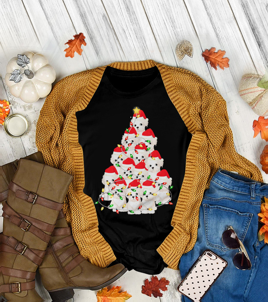 Cute Maltese Dogs Christmas Tree with Funny Merry Santa Hats and Lights T-Shirt