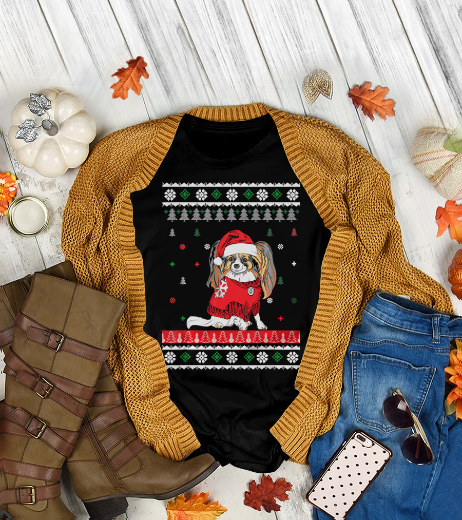 Papillon Dog Christmas Sweater Santa Hat Ugly T-Shirt