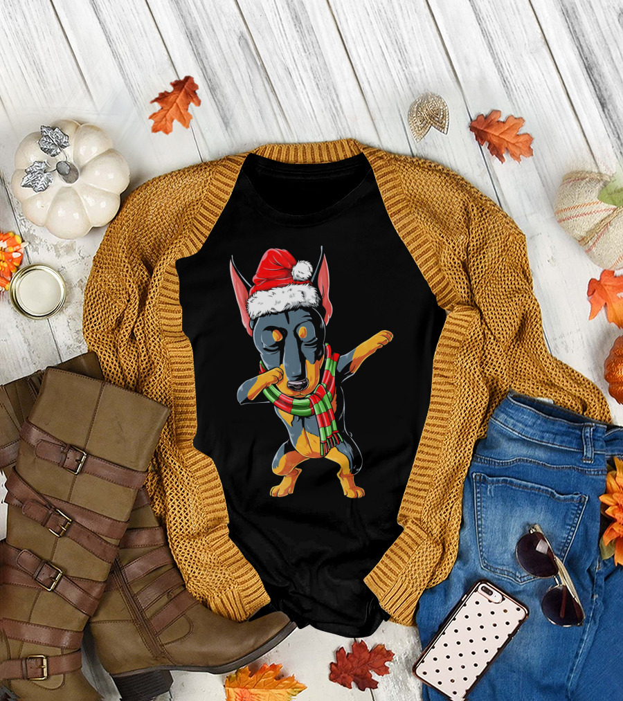Dabbing Doberman Santa in Christmas Scarf T-Shirt