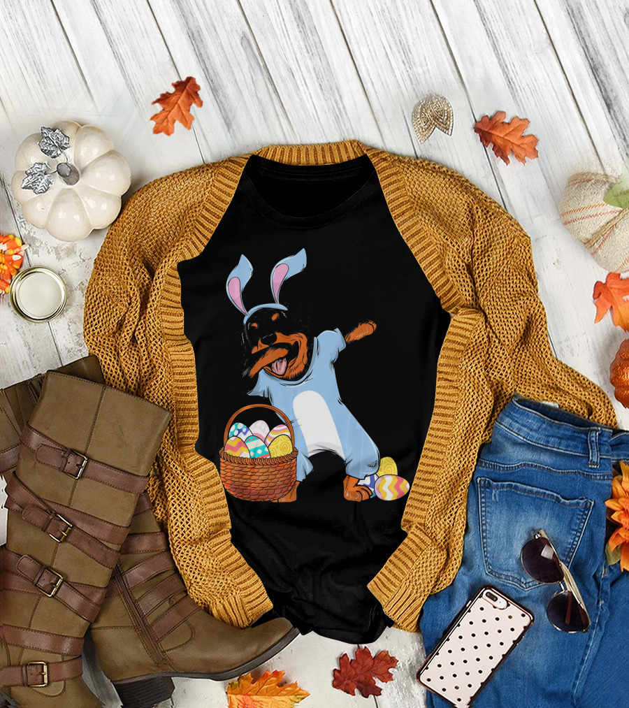 Dabbing Rottweiler Dog in Easter Bunny Costume with Basket of Eggs T-Shirt