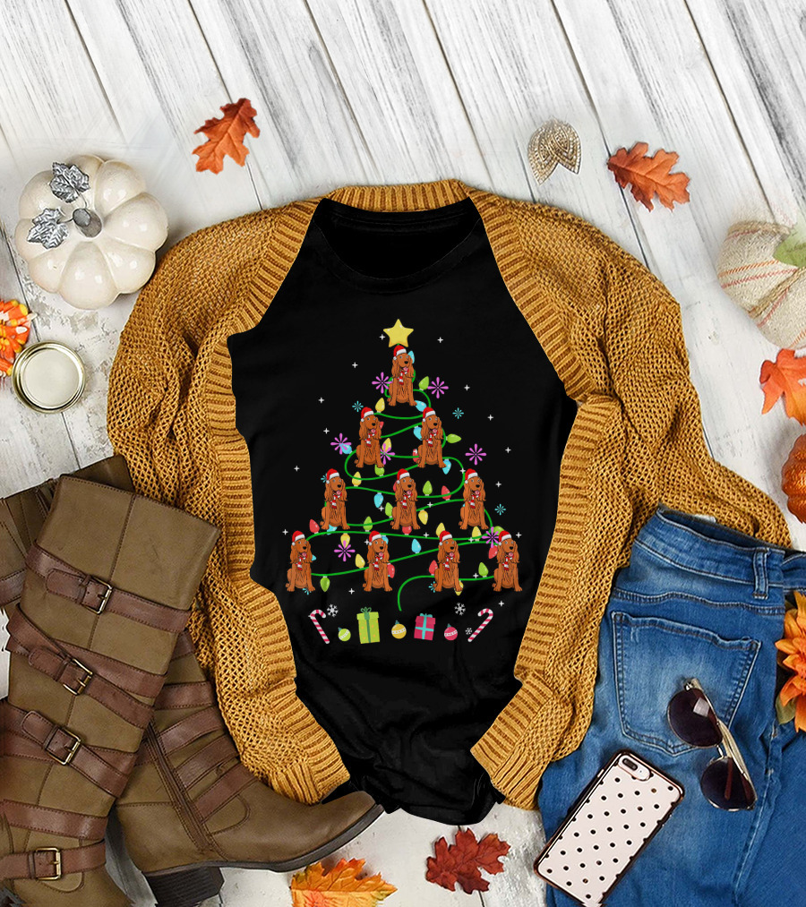 Funny Cocker Spaniel Christmas Tree with Santa Hats and Presents T-Shirt