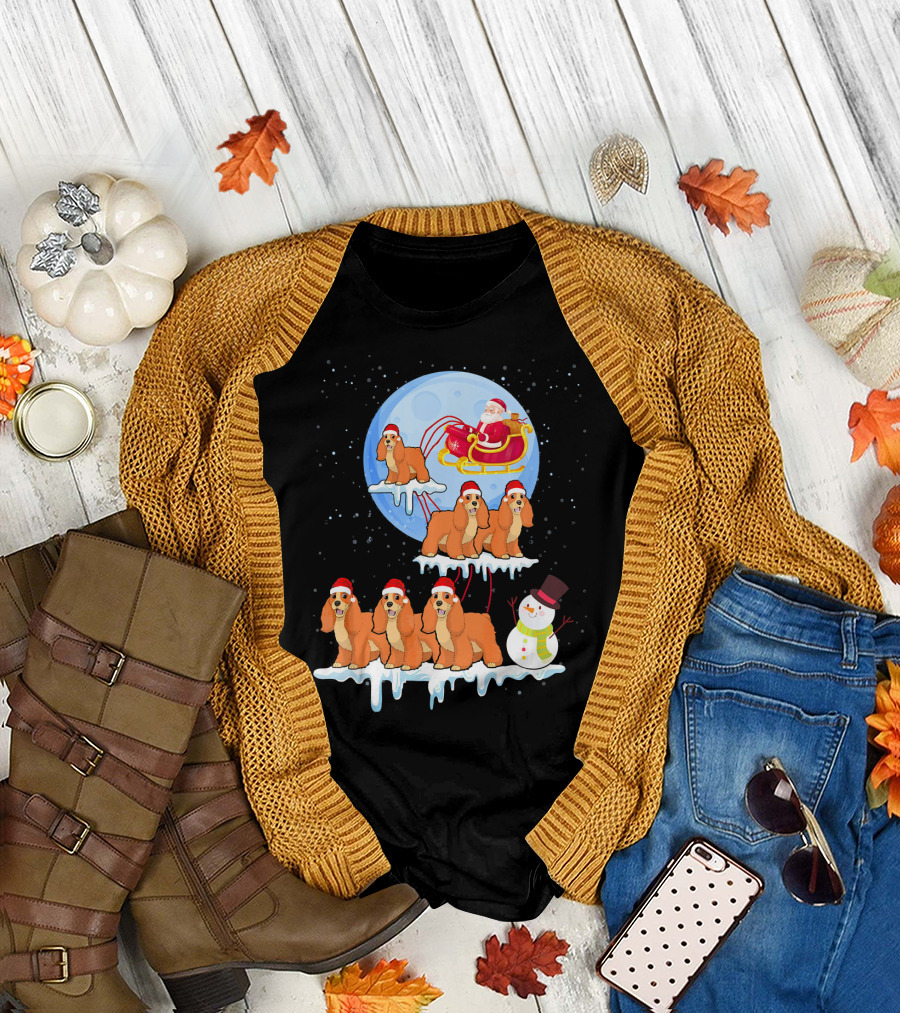 Funny Cocker Spaniel Christmas Dog Riding Sleigh with Santa and Snowman T-Shirt