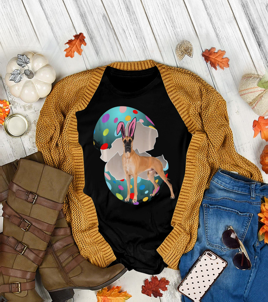 Great Dane with Easter Bunny Ears in Colorful Egg T-Shirt
