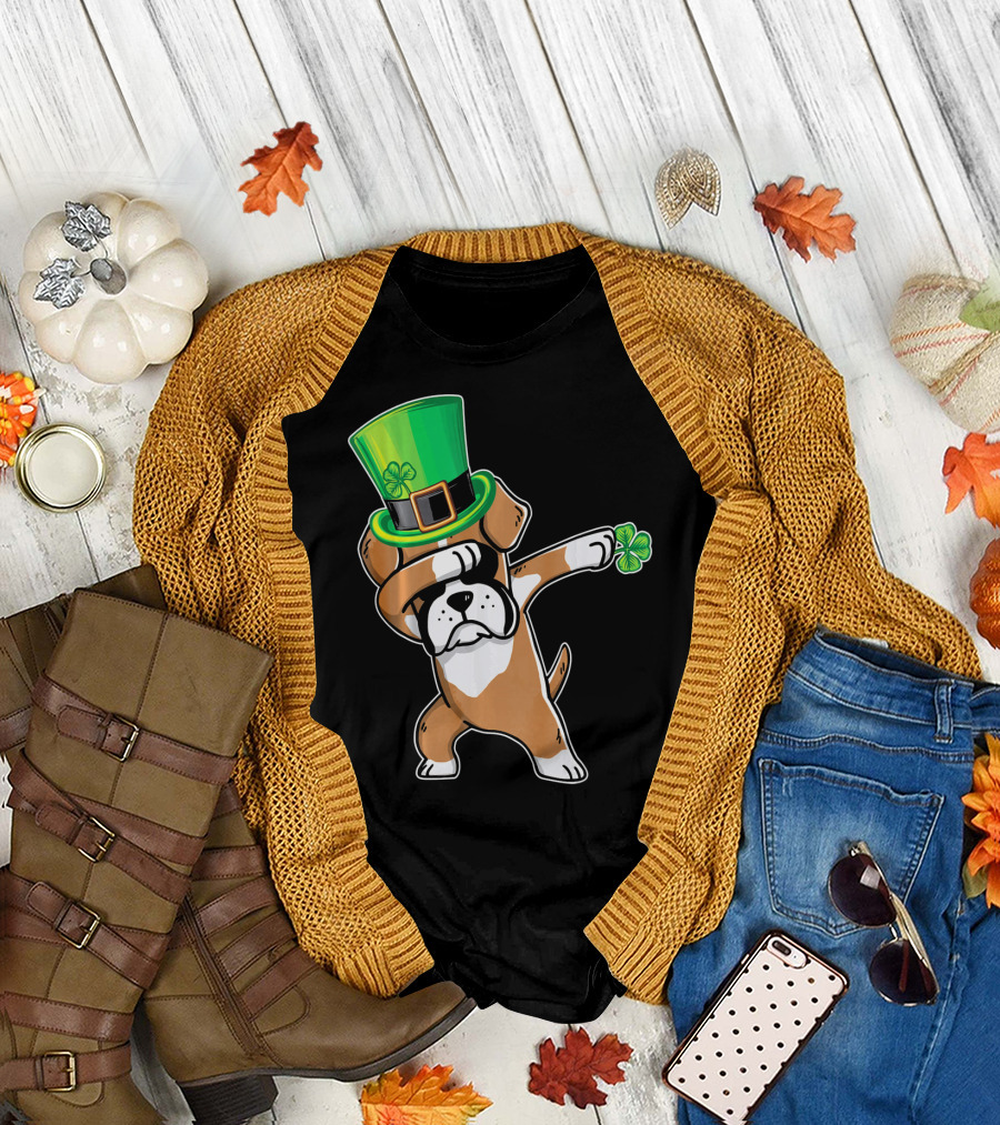 St Patrick's Day Boxer Dog Dabbing Dance with Shamrock Hat T-Shirt