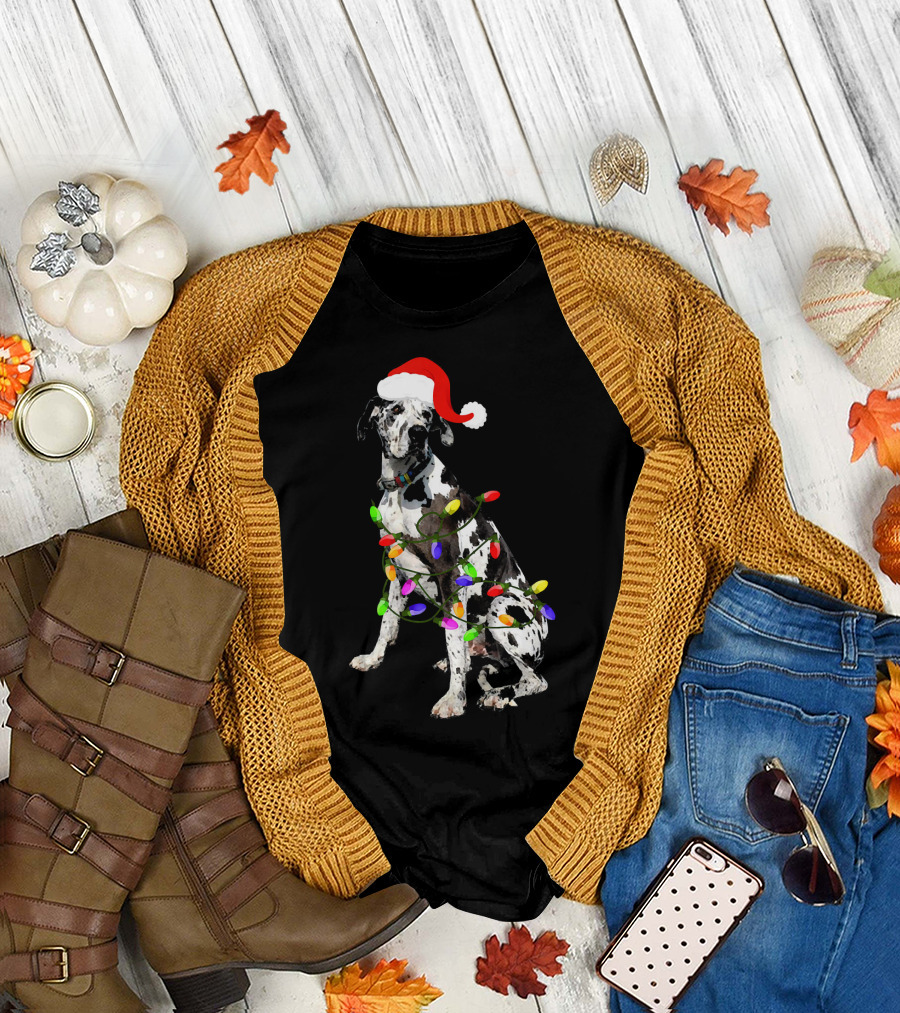 Great Dane Christmas Light Cute Dog Love Santa Hat Festive Holiday T-Shirt