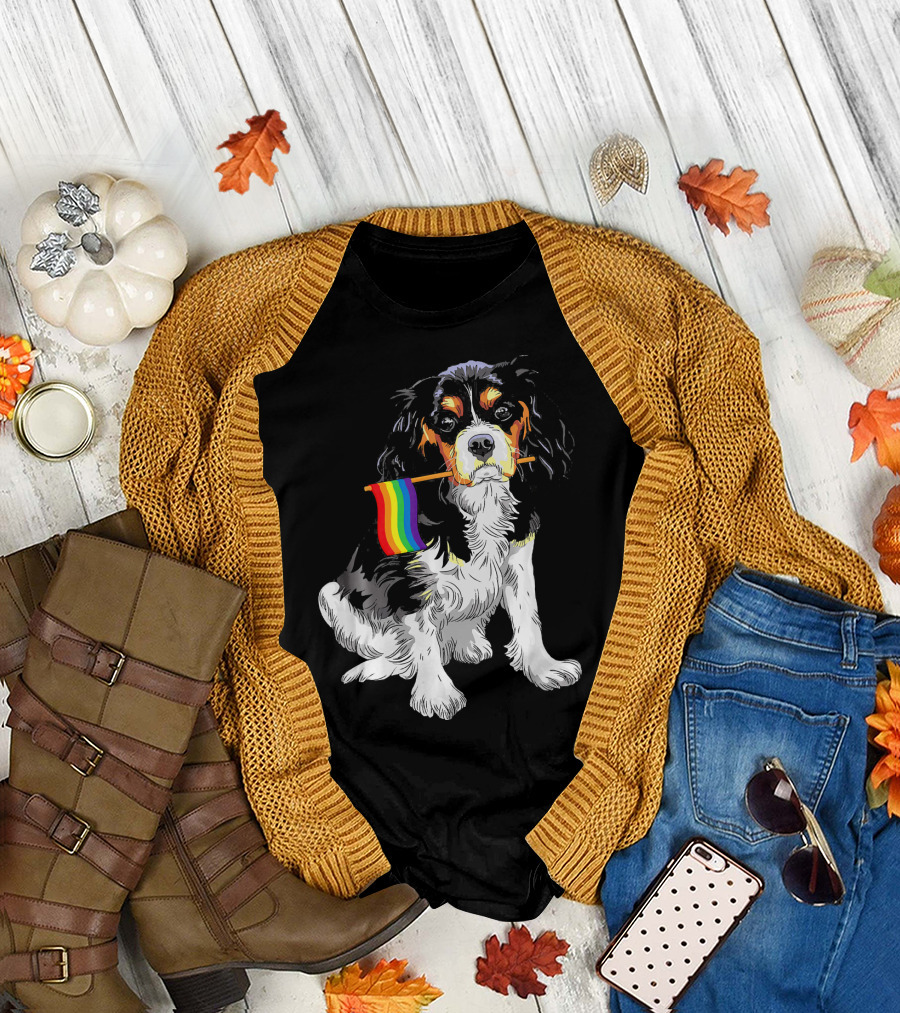 Cavalier King Charles Spaniel with Pride Rainbow Flag T-Shirt