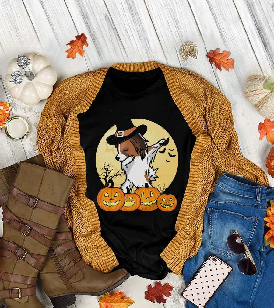 Dabbing Papillon Halloween Dance with Witch Hat and Pumpkins T-Shirt
