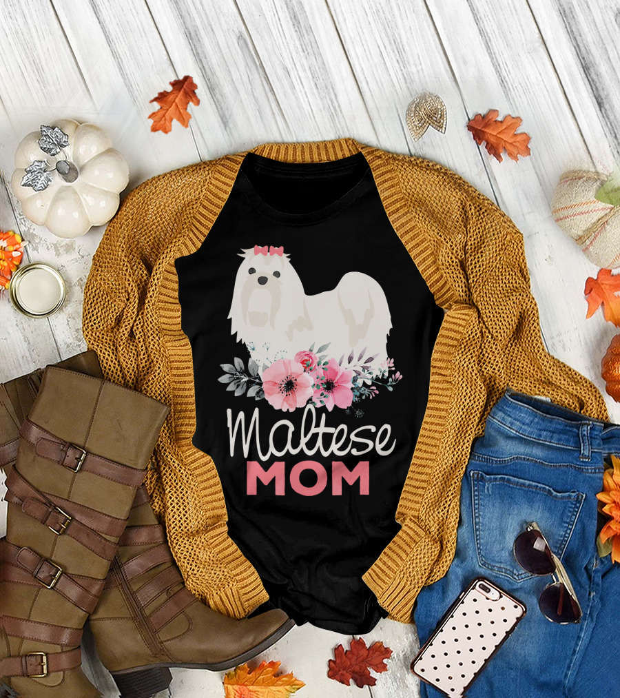 Maltese Mom Fur Mama Dog Lovers Floral T-Shirt