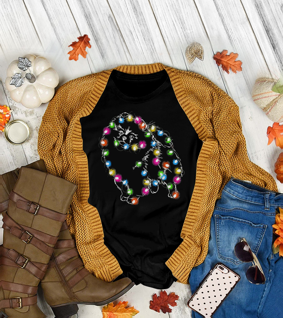 Pomeranian Dog Wrapped in Colorful LED Christmas Lights T-Shirt