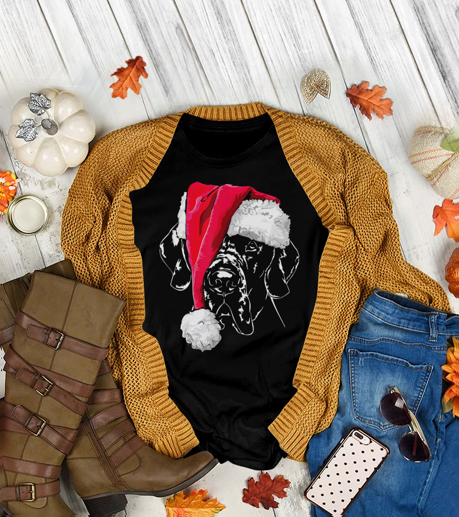 Funny Great Dane Christmas Dog Wearing Santa Hat T-Shirt
