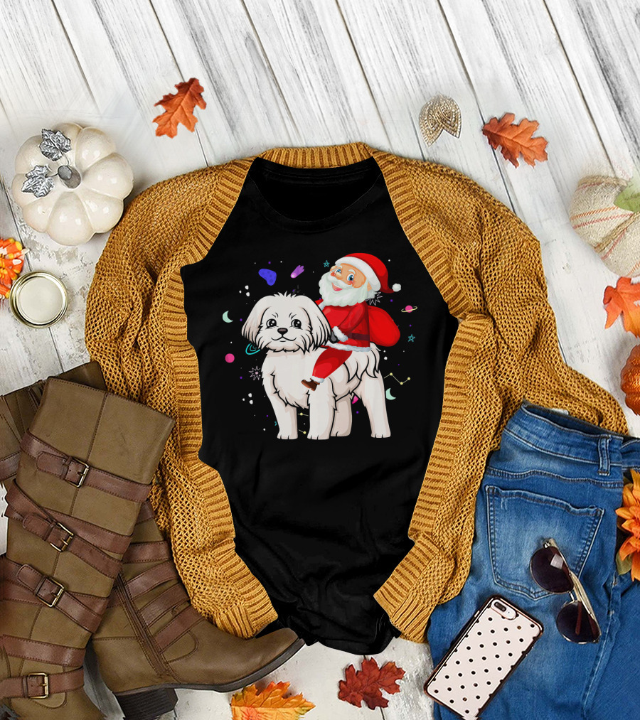 Funny Christmas Santa Riding Maltese with Holiday Space Elements T-Shirt