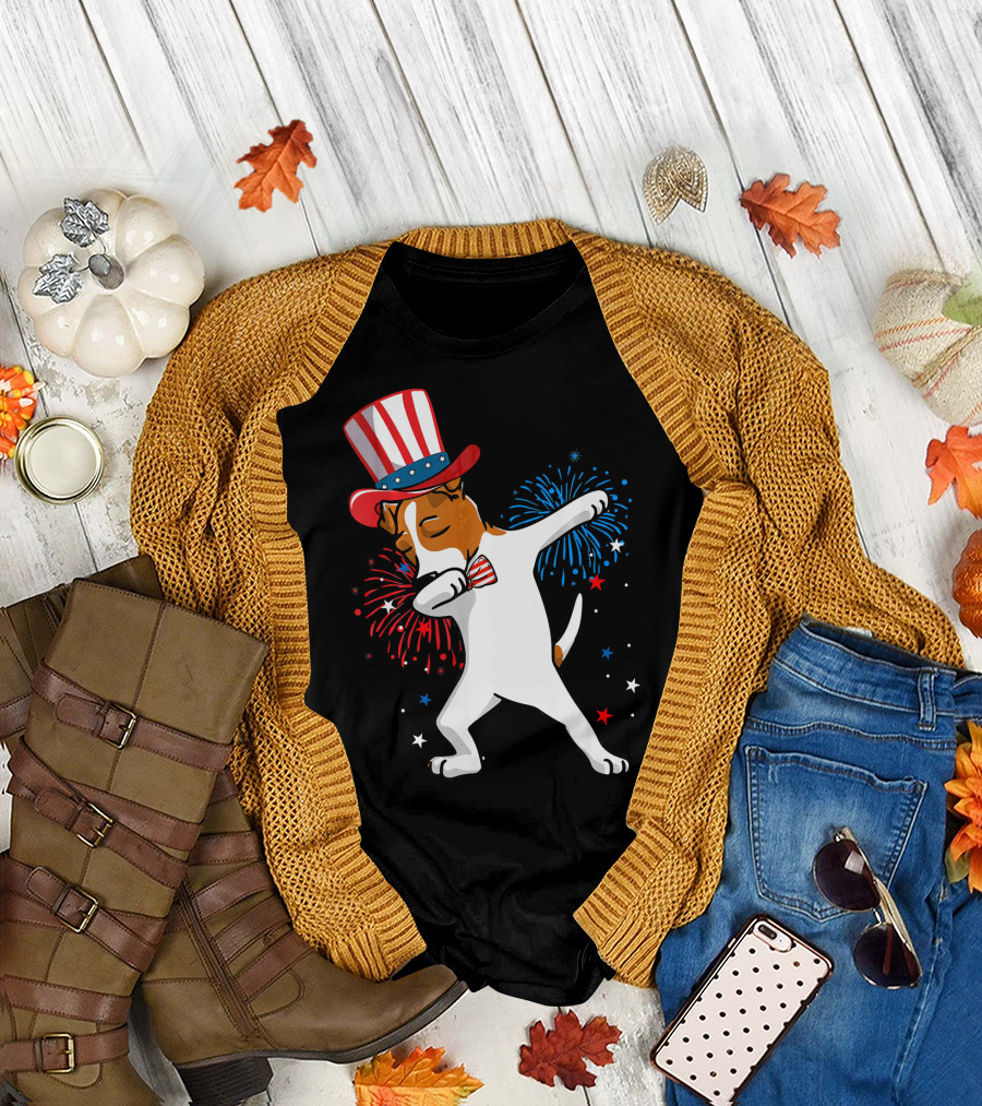 Dabbing Jack Russell Patriotic Uncle Sam Hat Fireworks T-Shirt