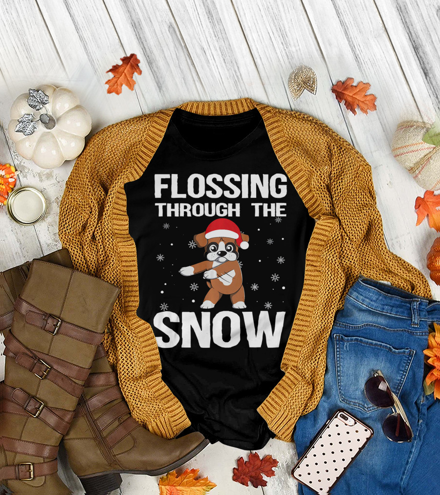 Flossing Through the Snow Boxer Dog Santa Hat T-Shirt