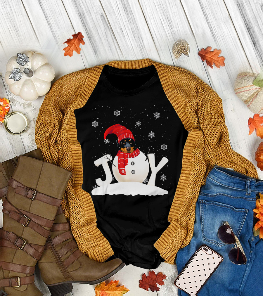 Rottweiler Snowman Christmas Joy with Red Hat and Scarf T-Shirt