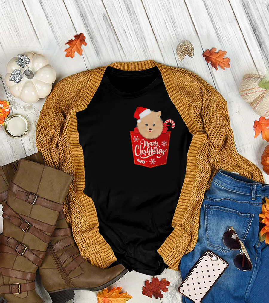 Merry Christmas Funny Pomeranian Dog in Santa Hat with Candy Cane Pocket T-Shirt
