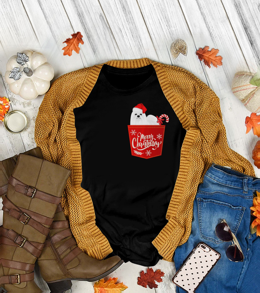 Merry Christmas Maltese Dog in Santa Hat with Candy Cane Pocket T-Shirt