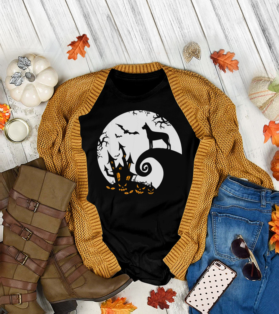Funny Great Dane Moon Halloween Haunted House Pumpkin Nightmare T-Shirt