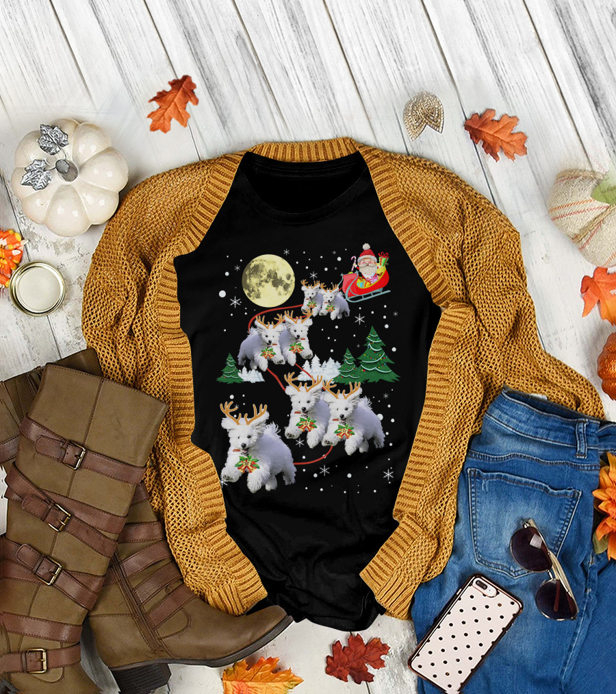 Funny Maltese Christmas Pajama Reindeer Dogs Santa Moon Snow Trees T-Shirt